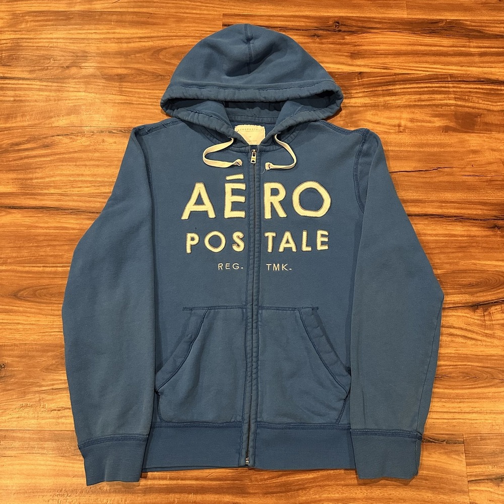 Aeropostale Hoodie Mens Large Blue Full Zip Fleece Sweatshirt Aero Logo Graphic